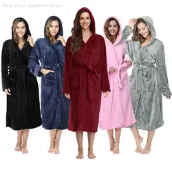 Winter Coral Fleece Bathrobe Gown Flannel Robe Nightdress New Female Sleepwear Thickened Loose Casual Hooded Homewear Loungewear