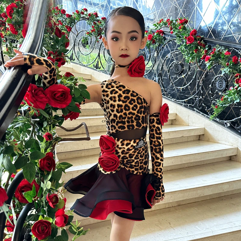 

Latin Performance Dancing Dress One Shoulder Leopard Latin Dance Dress Girls Latin Professional Dress Salsa Wear