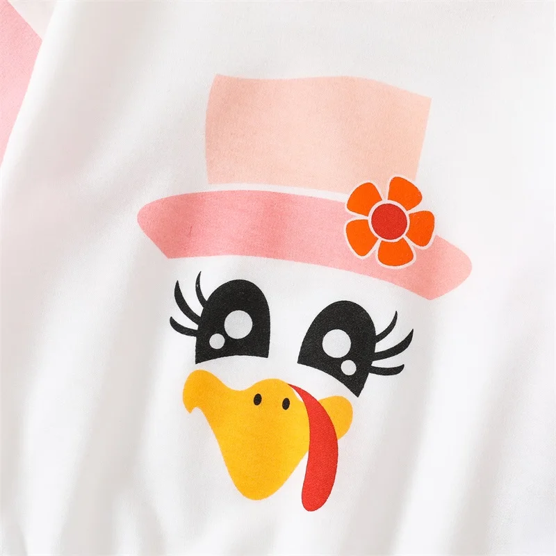

Thanksgiving Turkey Print Baby Romper with Round Neck and Long Sleeves Cute Cartoon Bodysuit for Boys and Girls in Contrast