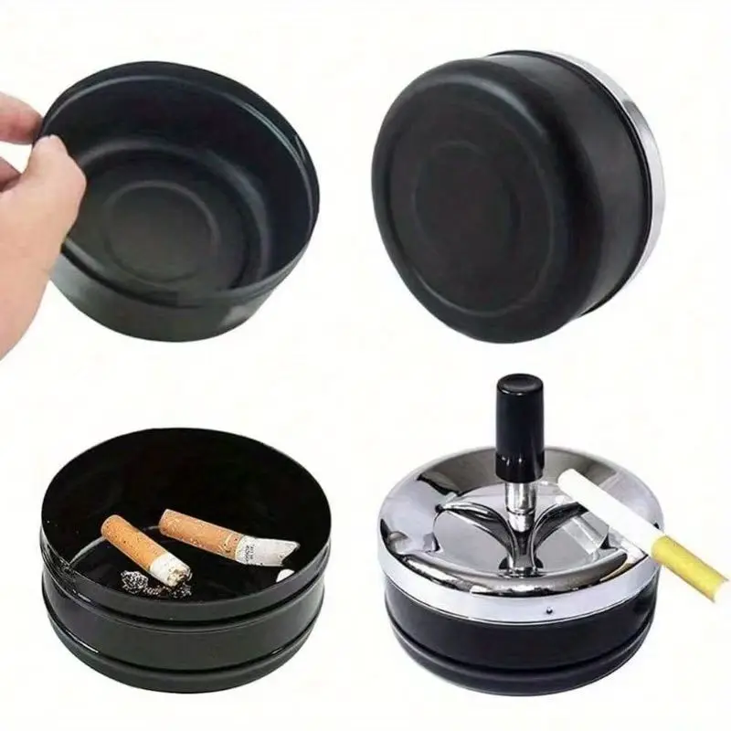 Cool Ashtray Stainless Steel Push Down Spinning Ashtray Self-Cleaning Ashtray With Lid Cover Ash Tray for Cigarette Smoking