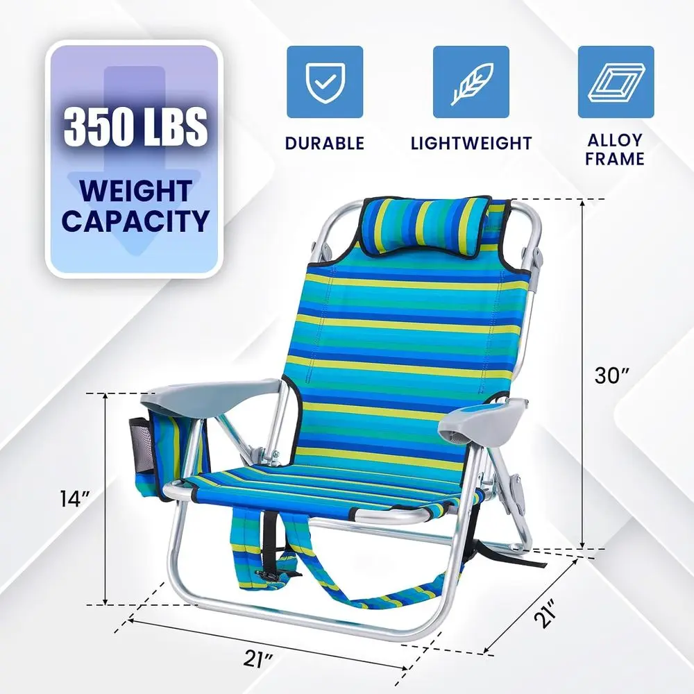 Portable Reclining Beach Chairs for Adults with 5 Positions, Backpack-Style, Towel Bar, Zipper Pocket, Cup Holder, Striped Desig