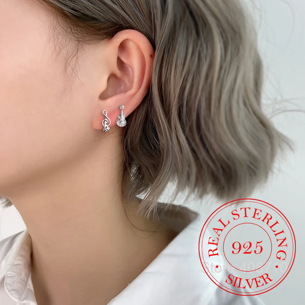 925 Sterling Silver Jewelry Asymmetric Guitar Note Zircon Hoop Earrings for Women Wedding Party Jewelry for Girls Friend Gift