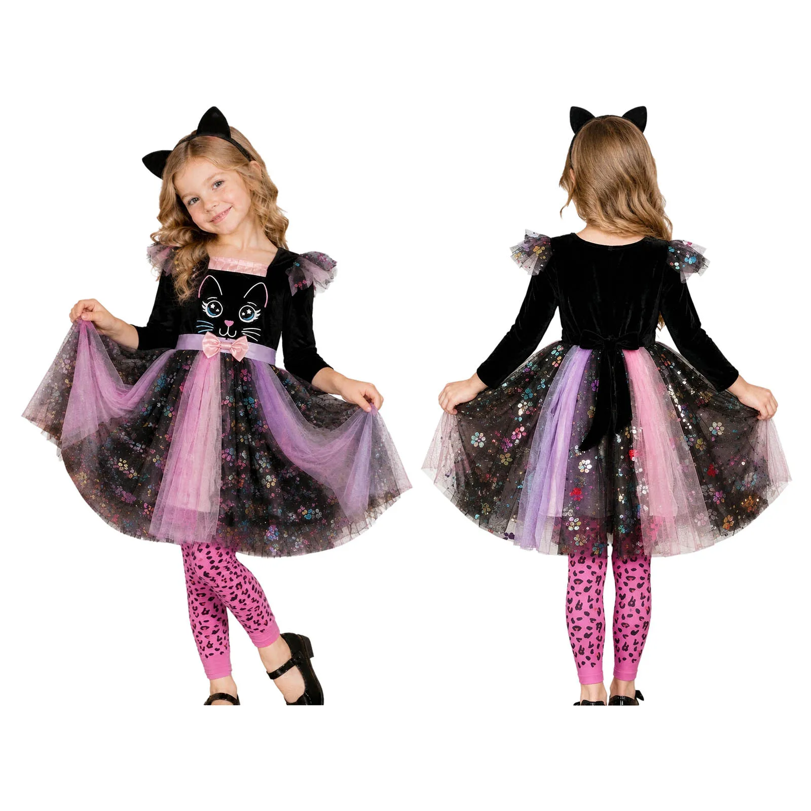 Kids Girls Cat Costume Square Collar Long Sleeve Bowknot Faux Tail Layered Mesh Tulle Dress with Headband Pantyhose for Party