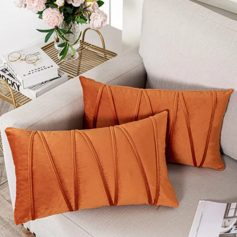 Orange Velvet Pillow Cover 30x50cm 45x45cm 50x50cm Lumbar Pillowcase Pleated Cozy Soft Cushion Cover Farmhouse Home Décor Cojine