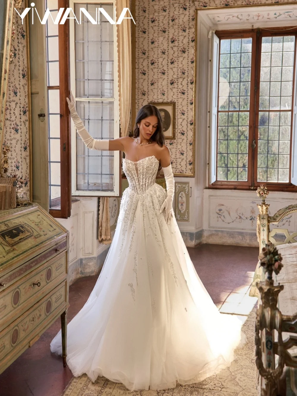 New Arrival Elegant Strapless Wedding Dress Shinny Beaded Pearls Bridal Gown Customized Opulent A-line Long Dresses For Bride