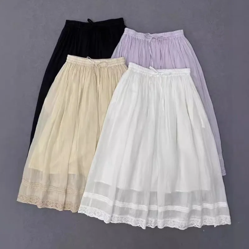 

Johnature Linen Lace Skirts Women Summer New Lace-up Elasticated High-waisted Linen Solid Color Casual Simple Loose Skirts
