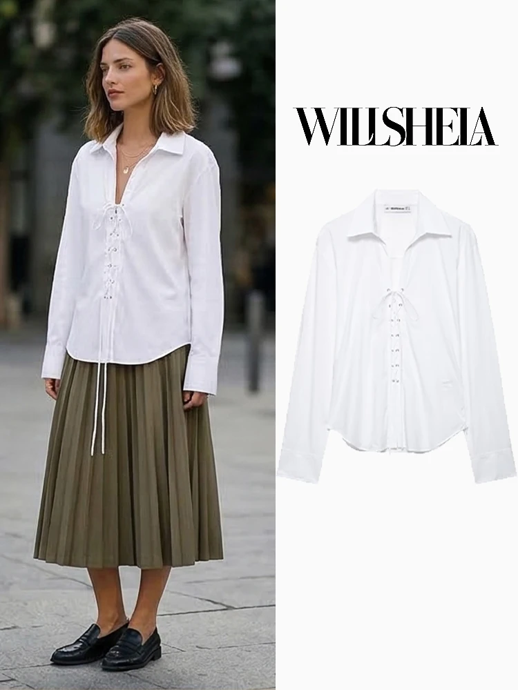 

Женская модная белая блузка Willshela с кружевной отделкой и завязками, винтажная, с отложным воротником, длинными рукавами, шикарная женская рубашка