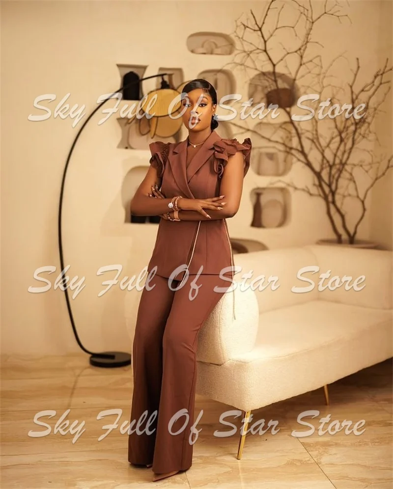Coffee Women Suit Set 2 Pcs Ruffle Sleeveless Lapel Blazer+Wide Leg Pants Custom Formal Office Evening Party Wedding Lady Outfit