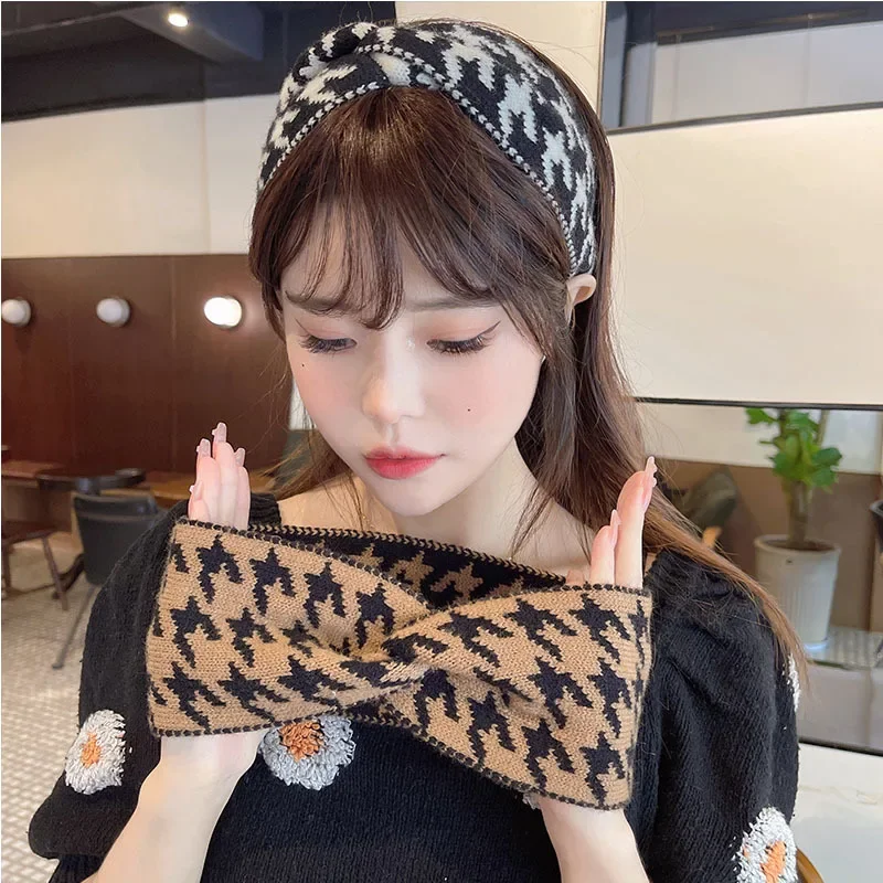 Retro Plaid Knitted Headband Elegant Headwear Hair Band Autumn And Winter Warm Daily Hair Styling Accessories