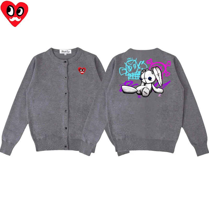Arcane Jinx Scimmia Bambola Coniglio Stampa Cardigan da donna Occhi rossi Barba Cuore Ricamo Cotone O-Collo Maglione monopetto