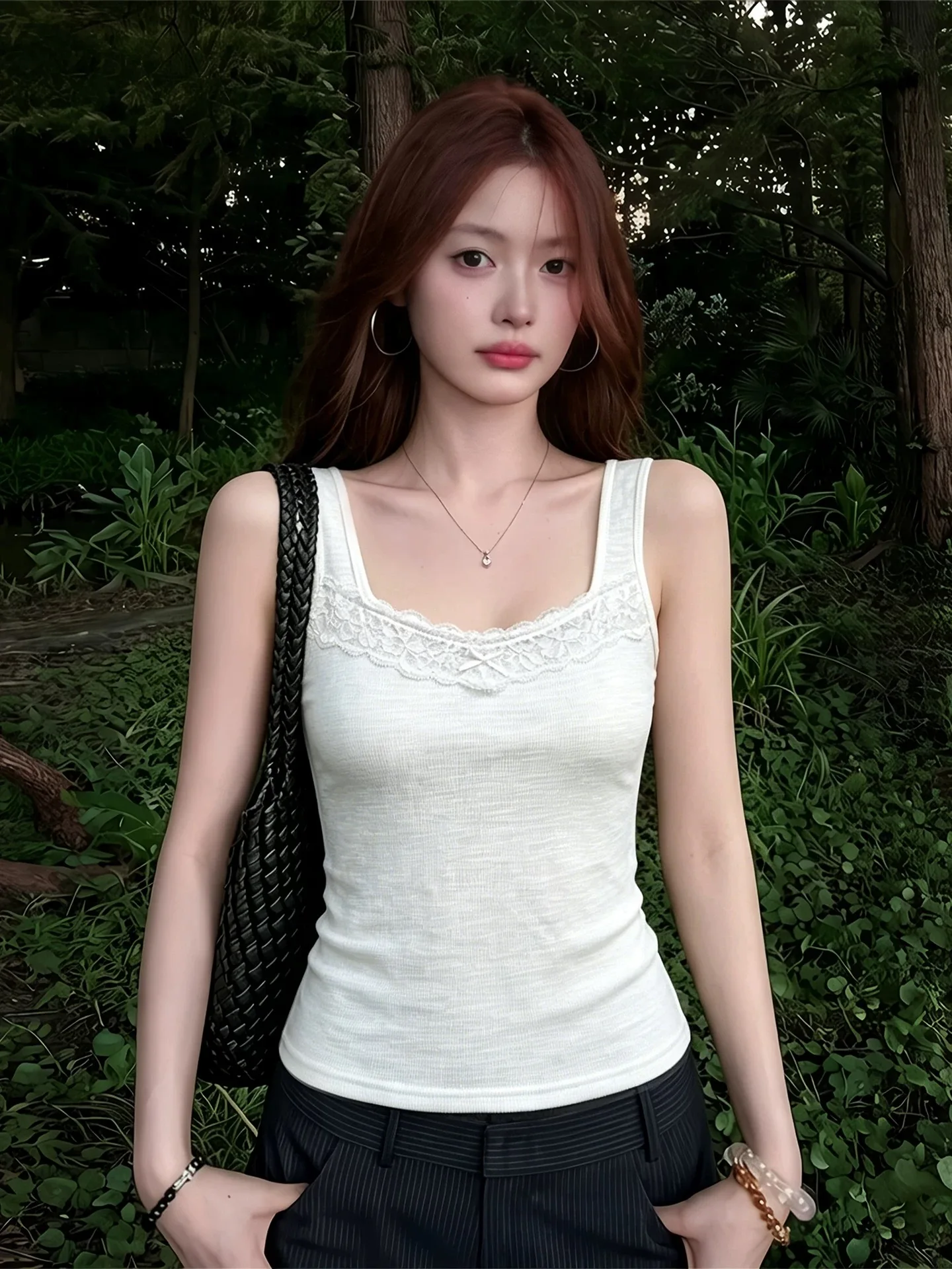 

Summer Lace Knot Tank Top Women's Slim Fit Innerwear Outerwear Casual Simple Style plus Size MM Base Shirt
