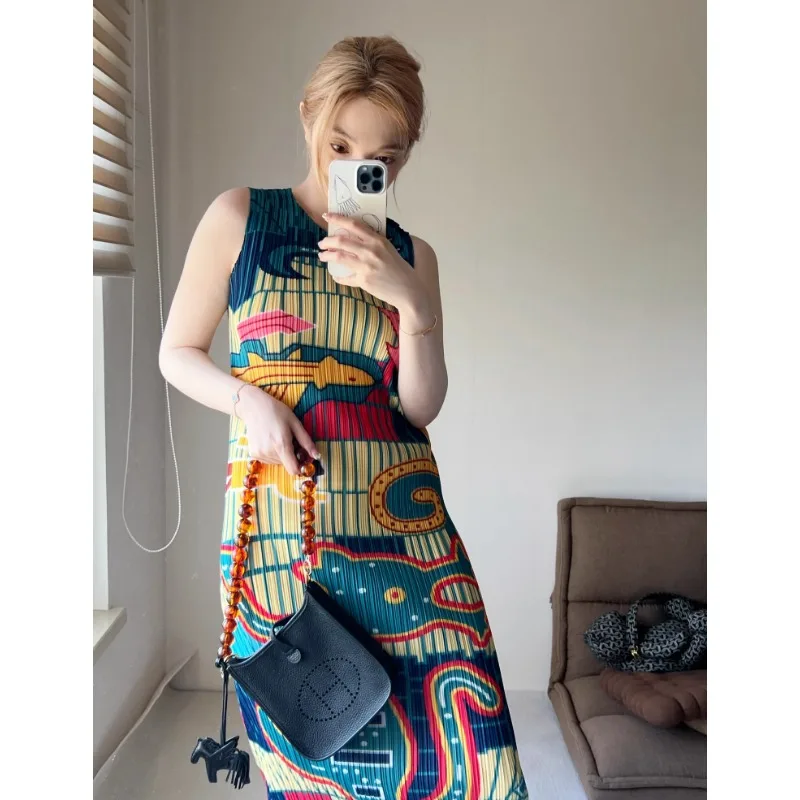 Miyake Folded Tropical Jungle Printed Ethnic Style Sleeveless Straight Tank Top Dress