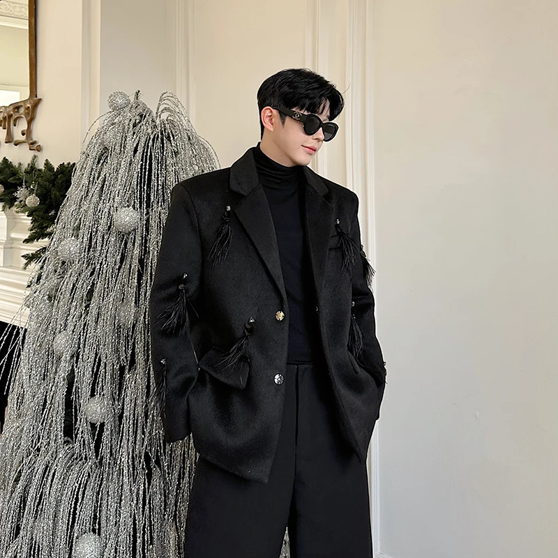 

Осенне-зимнее винтажное шерстяное пальто ручной работы с перьями, с подплечниками, мужское, твидовое, в западном стиле, повседневное, с длинными рукавами