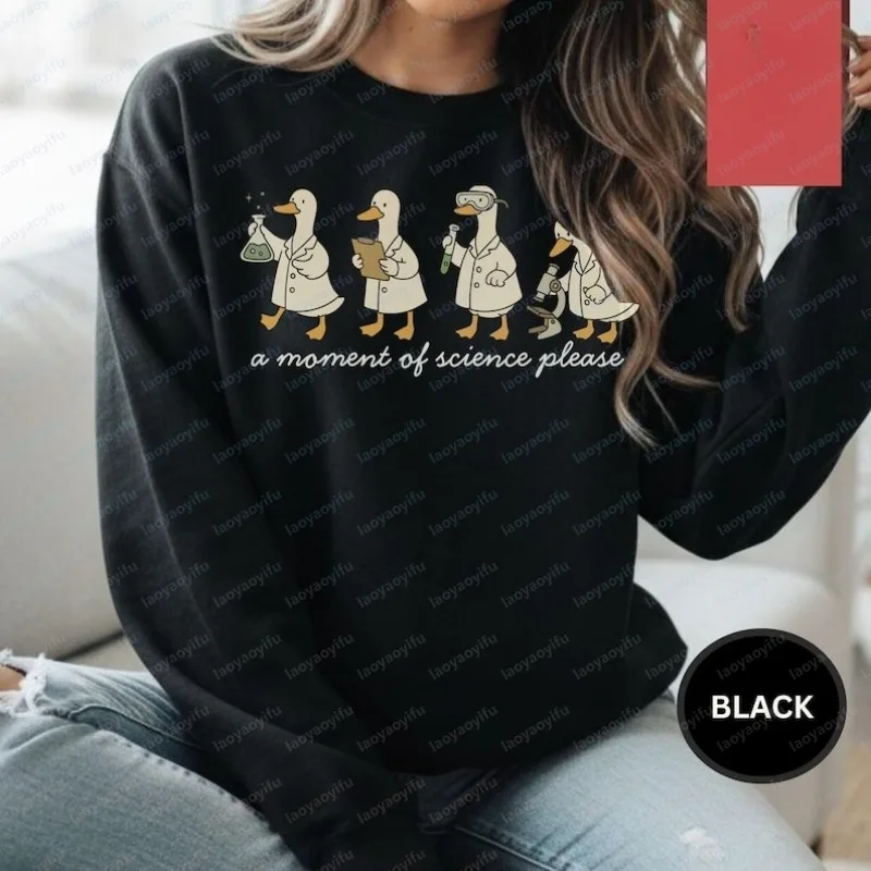 Science Duck Women Sweatshirt A Moment of Science Please Graphic Pullover STEM Lover Casual Fashion Kawaii Retro Women Clothes