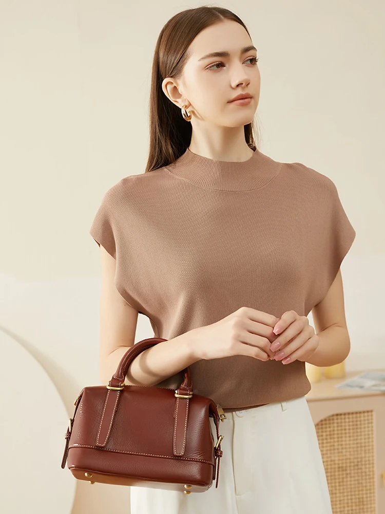 Zency Women\'s Handbag Cowhide Leather Boston Pillow Bag 2024 New Crossbody Bag Retro Commuter Shoulder Bags Large Ladies Purses