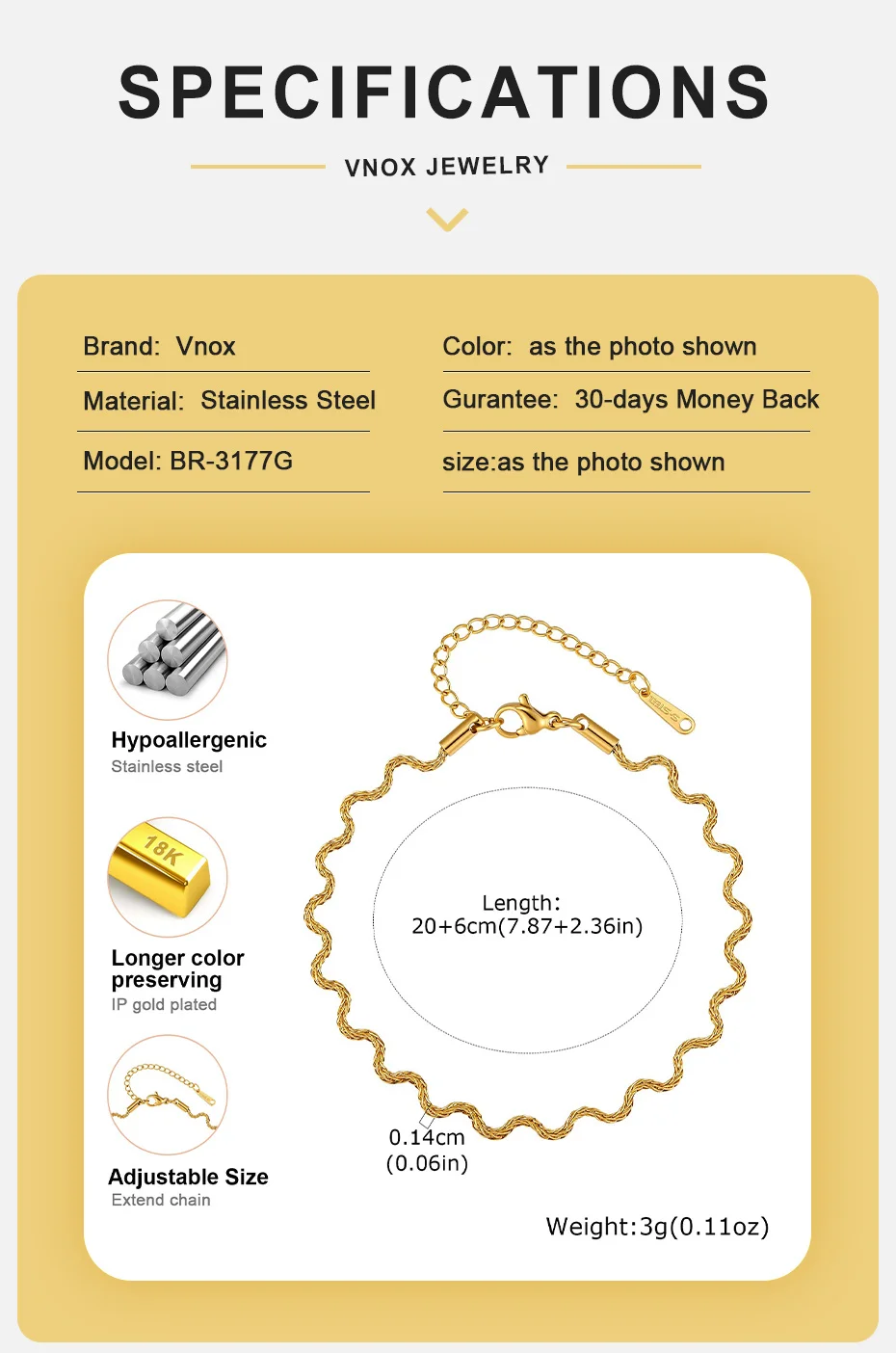 Vnox Minimalistisches Vergoldetes Wellenlinien-Armband für Frauen, Trendiges Edelstahl-Armband, Wasserdichter Schmuck, Nicht-verblassend – Detail 4
