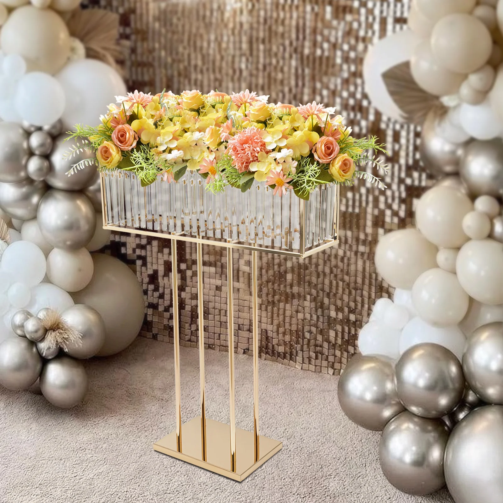 Gold Crystal Wedding Flower Stand Electroplated Iron Hanging Crystal Floral Centerpiece Stable 11.81\*7.87IN Base Pre-Drilled Holes Easy Assembly Dual Use Table & Aisle Decor For Wedding Birthday Hotel Graduation Commercial Party Decoration
