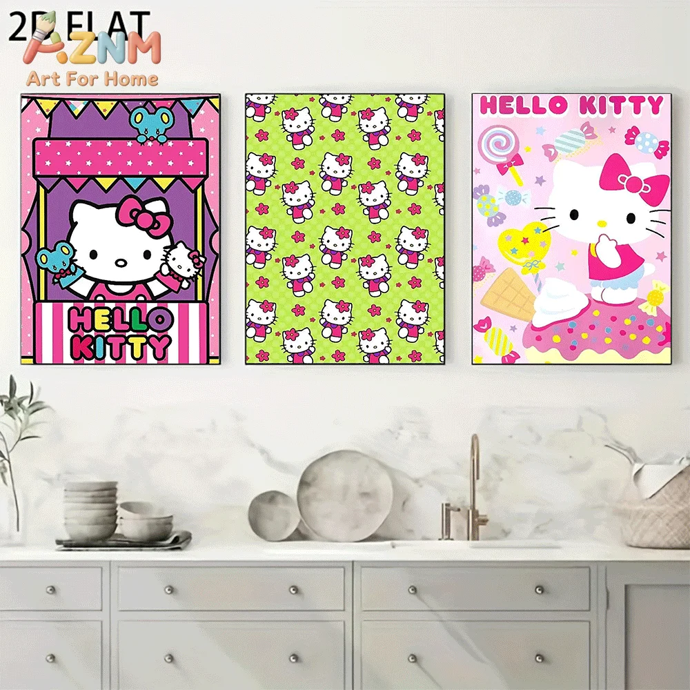 AZNM Sanrio Hello Kitty Canvas Wall Art Unframed Cute Cartoon Puppet Show Candy Sweet Theme Character Print Painting Girls Bedro