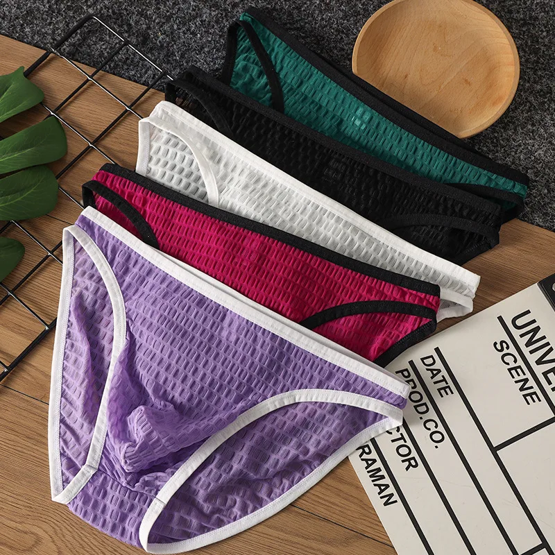 Men's Lace Briefs Low Waist Perspective Underwear Transparent Panties U Convex Pouch Lingerie Underpants Bikini Slip Homme