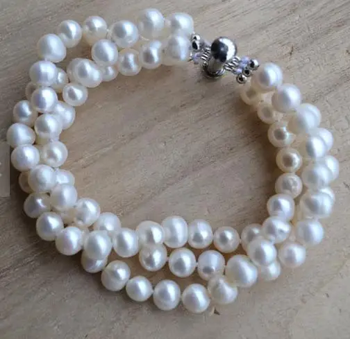 

New Arrival White Pearl Bracelet,3 Rows 6-7mm Potato Round Freshwater Pearl Bracelet,Wedding Party Birthday Charming Lady's Gift