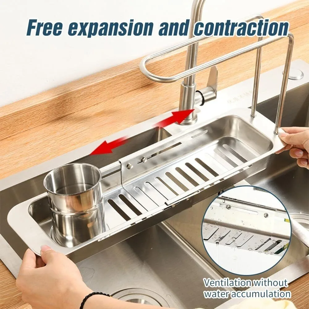 

New Stainless Steel Kitchen Sink Faucet Organizer Upgraded Telescopic Draining Rack Adjustable Storage Rack