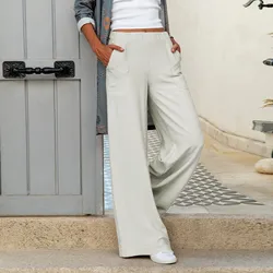 Women's Casual Solid High Waisted Trousers Linen Loose Wide Leg Cozy Pants Comfy Straight Elastic Waist Trousers With Pockets