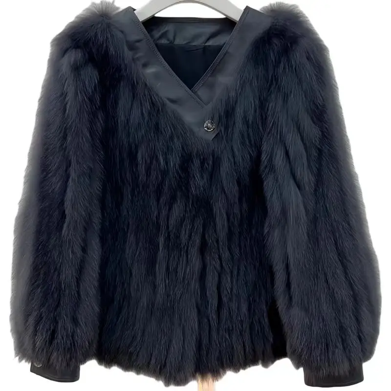 Faux Fox Fur Coat for Women,Korean Short Jackets,Covered Button Overcoat, V-Neck, Female Clothes, Winter,New, 2024