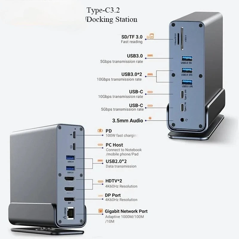 PD 3.0,SD/TF A15 in 1 USB-C Docking StationRJ45 1000M,USB 3.0/2.0udio 3.5 for Mac Pro4K HD Vertical Hub with Triple Monitor