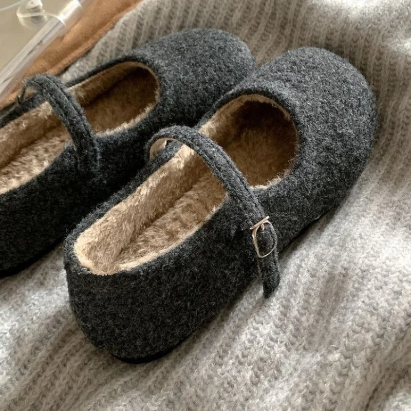 2025 Otoño/Invierno zapatos Mary Jane de felpa de Ballet para mujer, planos peludos con encanto de brisa de noche, prendas de vestir exteriores elegantes a juego