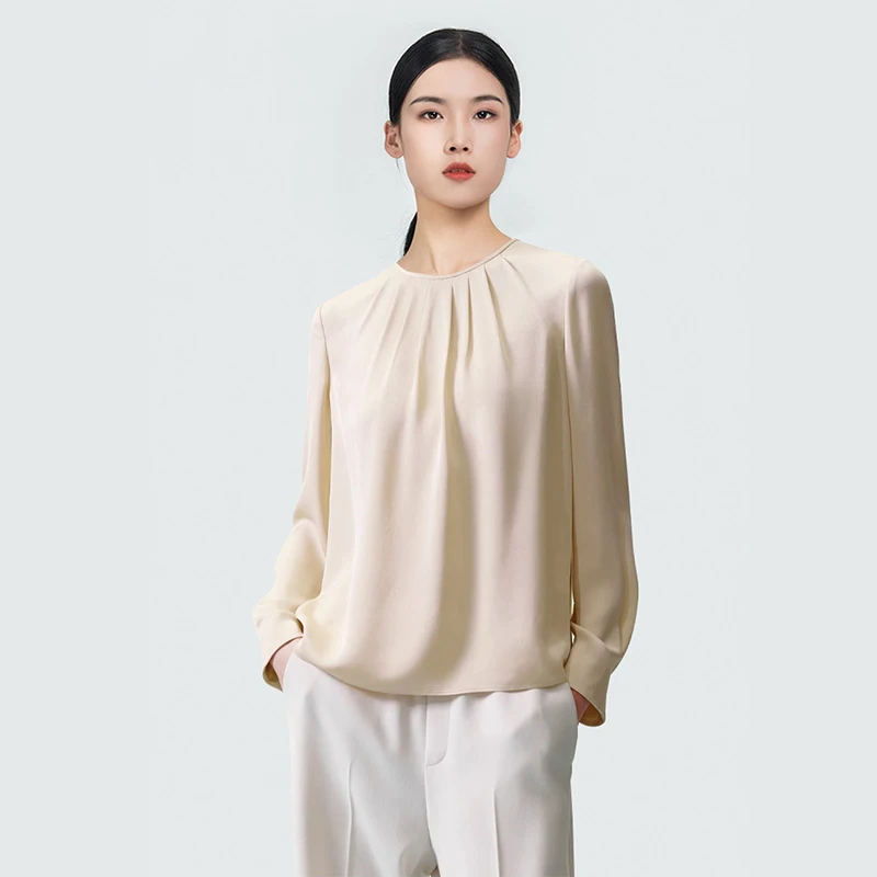 2026 New Summer 19 Momme Silk Blouse for Women Double Georgette Pleated Round Neck Long Sleeve Casual Top