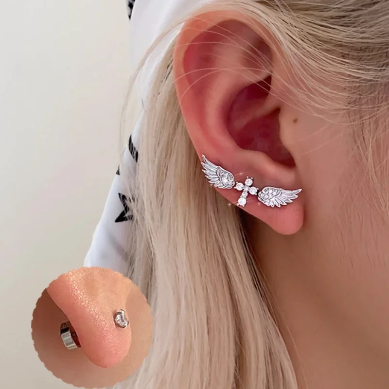 Unique and Niche Personality with Wings Multiple Ear Holes Stacked Earrings Gothic Personality Cross Shiny Earing Jewelry Gifts