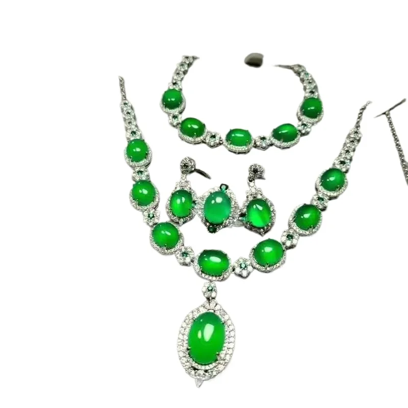 Ice Type Emerald Chalcedony Inlaid Luxury Four-piece Set Gift Jewelry for Women