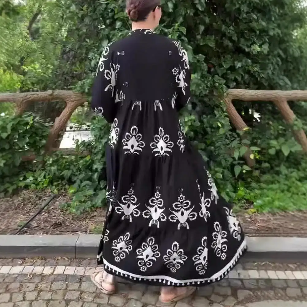 Frühling Dame Maxi kleid Vintage V-Ausschnitt lange Ärmel knöchel langes Kleid Patchwork einreihige A-Linie Freizeit kleid für den Urlaub