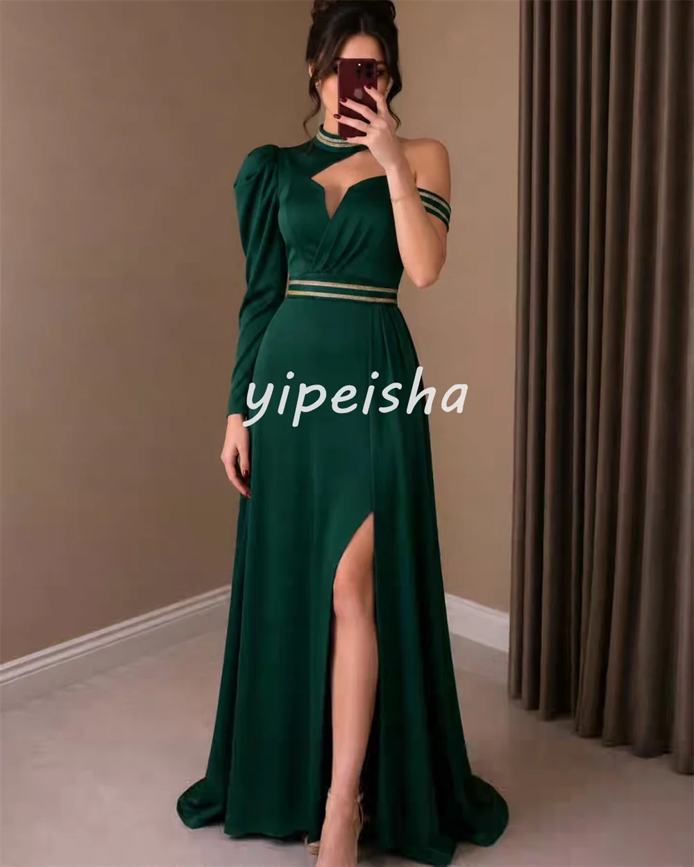 Customized Modest Fashion Charmeuse Pleat Ruched A-line One-shoulder Evening Dresses Long Dresses Party Gowns Sizes Available