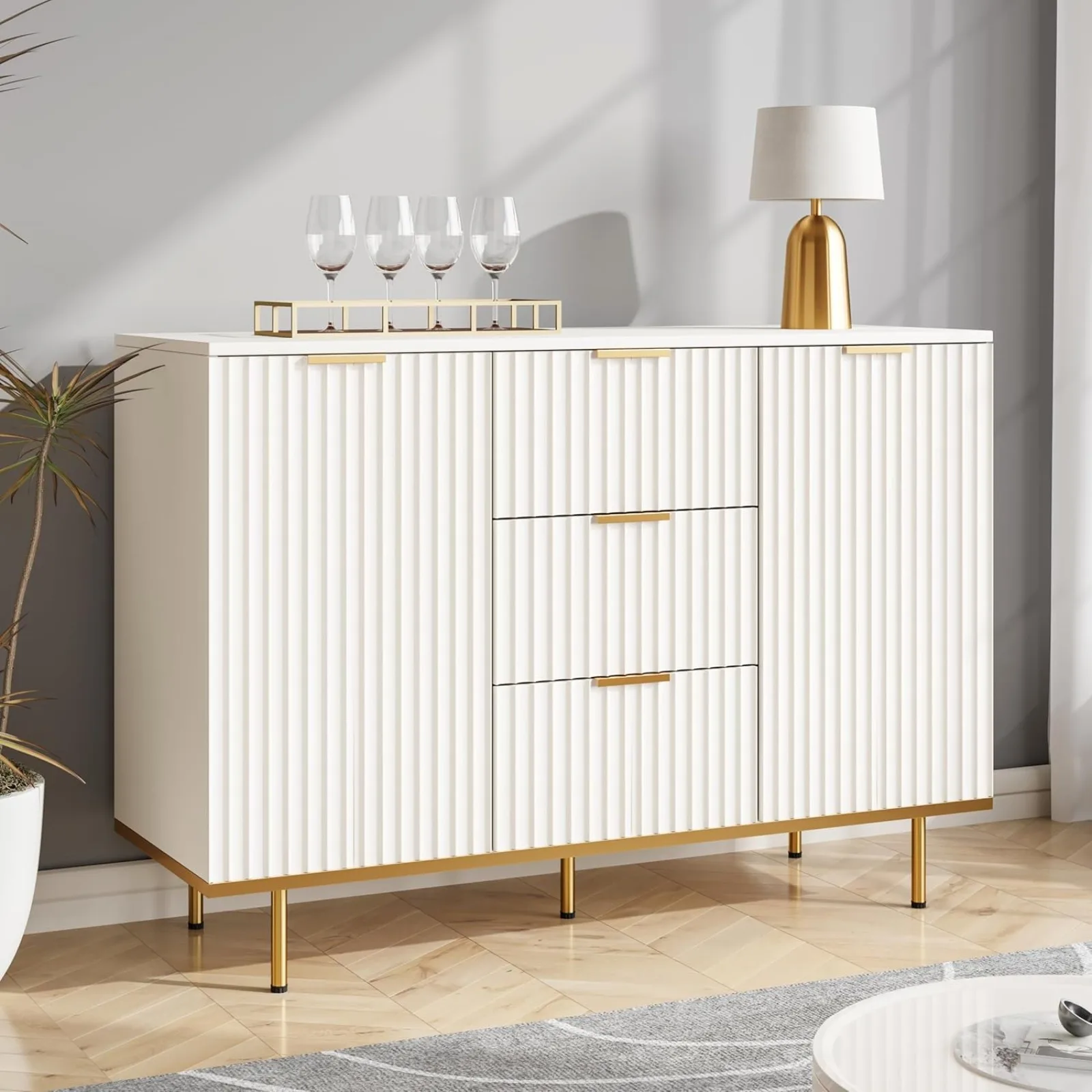 

US Fluted Sideboard Cabinet, Buffets & Sideboards, 2 Door 3 Drawer Design, Elegant White Sideboard - Acceent Cabinet Idea