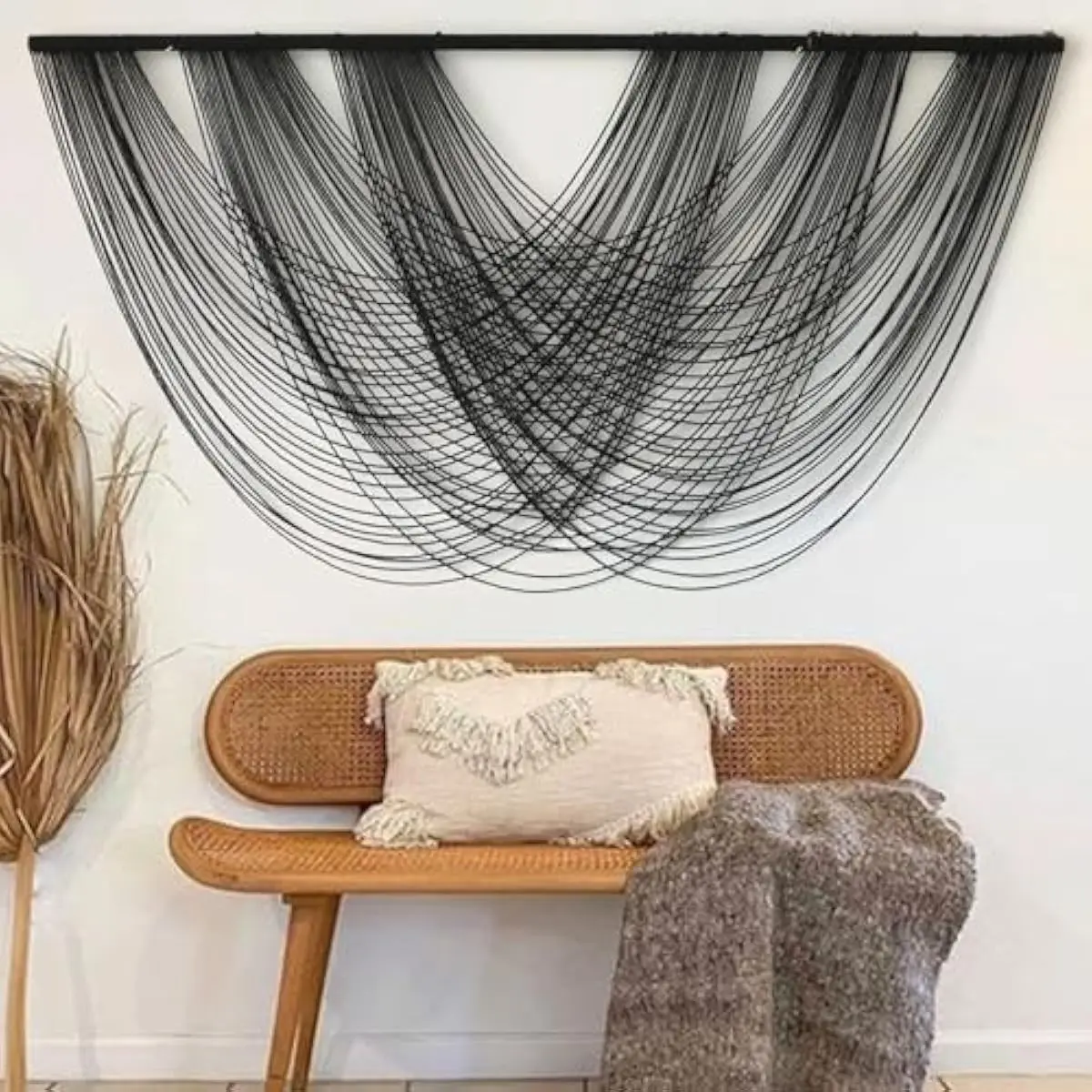 Macrame Wall Art in Black 59 Inch Wide by 31 Inch Long Featuring Geometric Weave and Soft Arc Motifs for Living Room Bedroom Gal