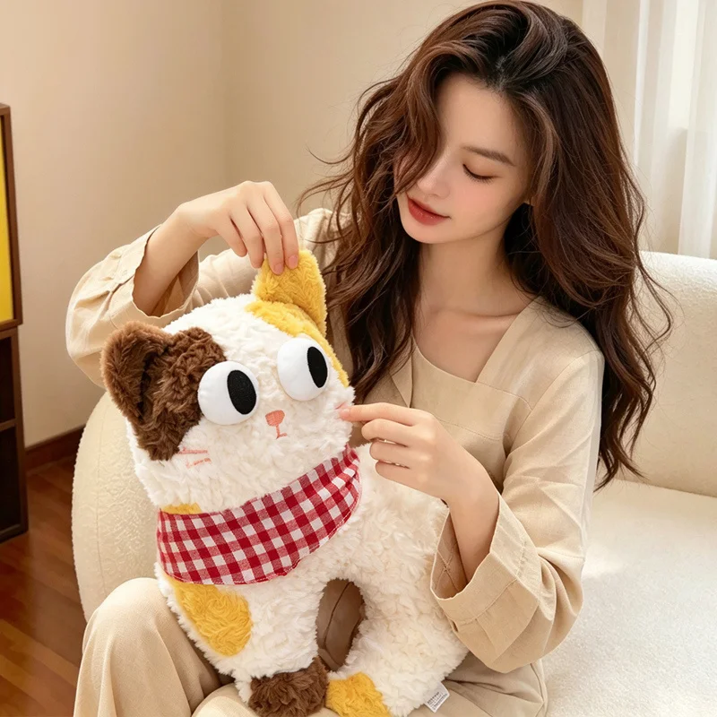 Funny Big Eyed Cat Plush Toy with Plaid Bandana Soft Fluffy Stuffed Kitten Doll Cute Animal Birthday Gift Home Decor