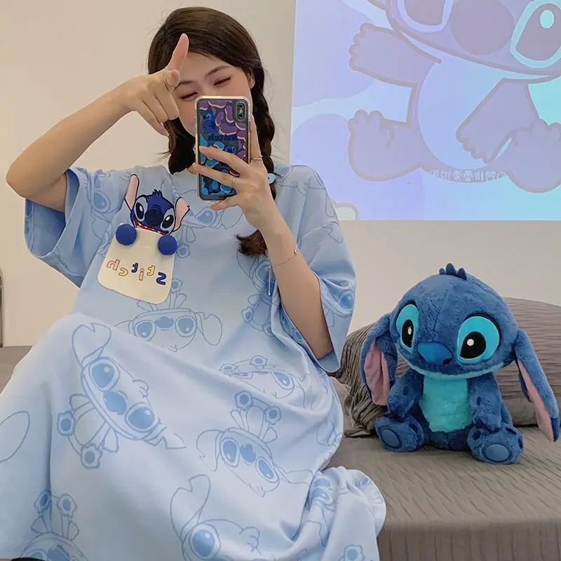 

Disney Stitch Cute Cartoon Summer New Women's Short-sleeved Pajamas Nightdress Cotton Comfortable Dormitory Girls' Home Clothes