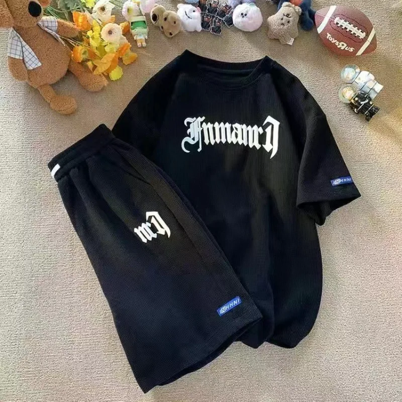 Cross-border Waffle Casual Summer Ice Silk Short-sleeved Sports Clothes Set Men's T-shirt Men's Clothing Set Matching
