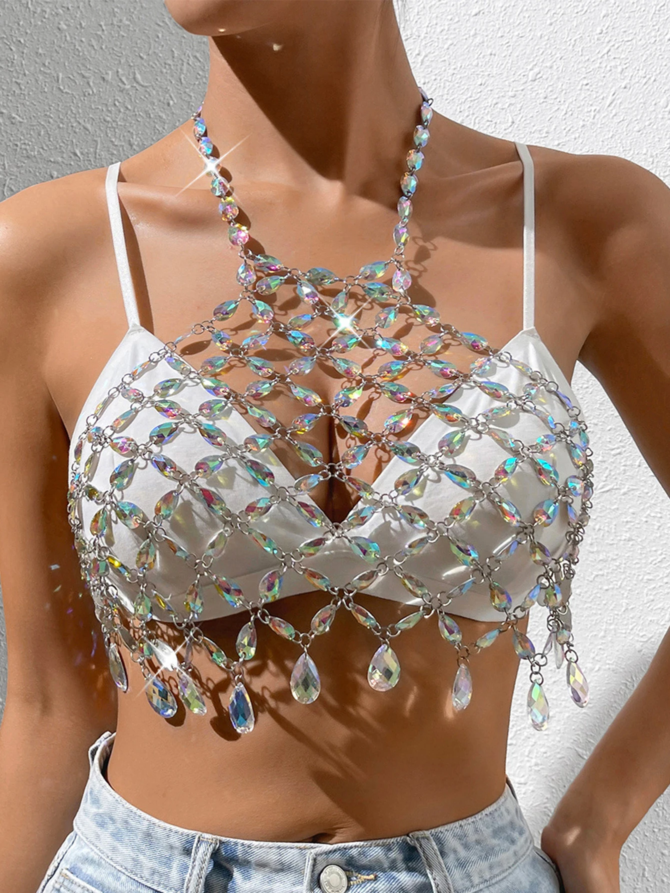 Seksowny prześwitujący crop top z dżetami damski na lato 2026, top typu halter na imprezę na plaży, top na ramiączkach do klubu nocnego, stroje rave, streetwear y2k, topy. — zdjęcie 6