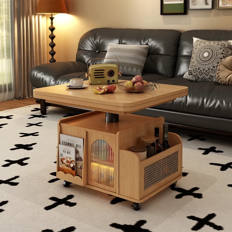 Solid wood liftable folding coffee table small apartment mobile table dual-purpose tea table multi-functional sofa side cabinet