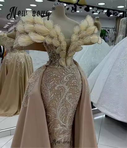 African Champagne Luxury Evening Dress With Overskirt Off Shoulder Open Cermony Dress Plus Size Wedding Guest Gown Customized