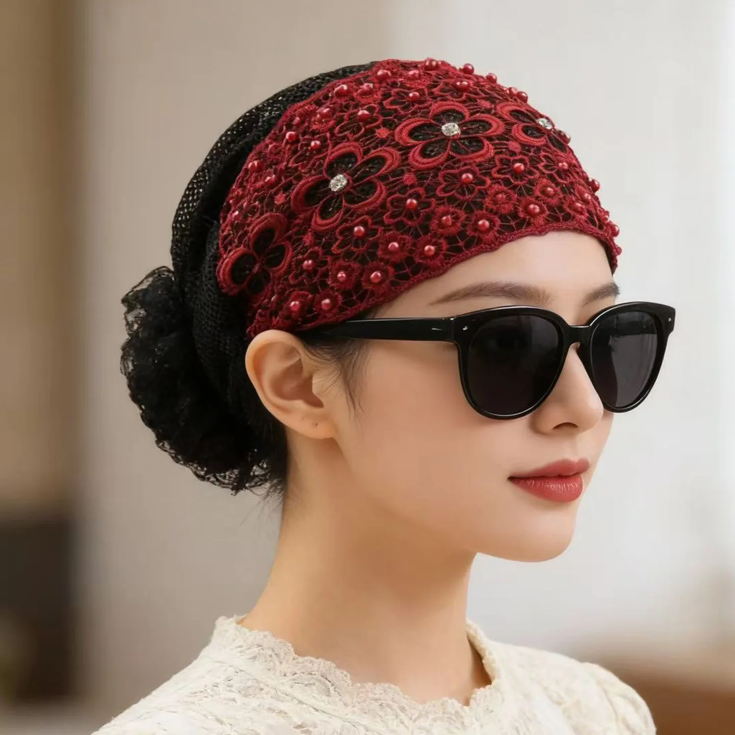 

Bright Silk Big Flower Headscarf, Hat Stud, Pearl Decorative Pleated Fashion Hat, Headband Hat, Hollow Thin