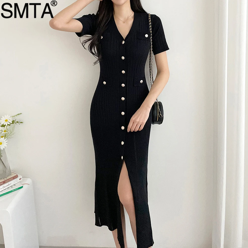 Knitted Black Bodycon Korea Style Ruffle Ladies Short Sleeves Midi Dresses Elegant Casual V-neck Mermaid Dress for Women Summer