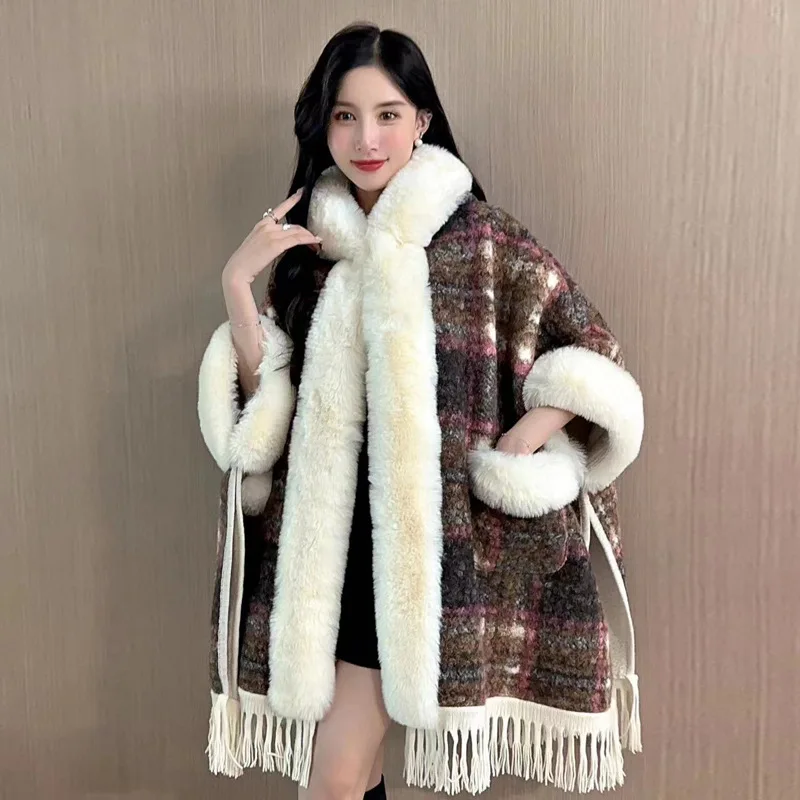 Fashion Warm Like Lamb Wool Coat Hood Long Vibrant Faux Fur Trims Cape Women Winter Thicken Lining Overcoat Loose New Year Gift