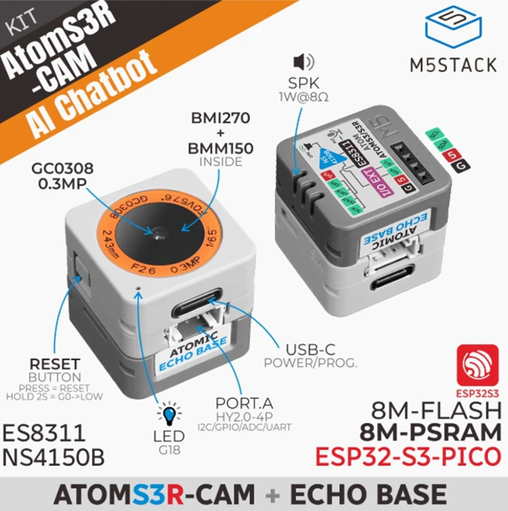 

M5Stack AtomS3R-CAM AI Chatbot Xiage Xiaozhi AI Visual and Voice Assistant Kit