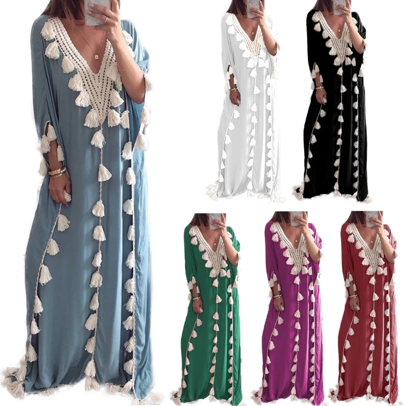 Womens Arabic Islamic Dubai Kaftan Half Sleeve Sexy Deep V-Neck Muslim Maxi Long Robe Dress Tassels Trim Turkey Casual Loose Up