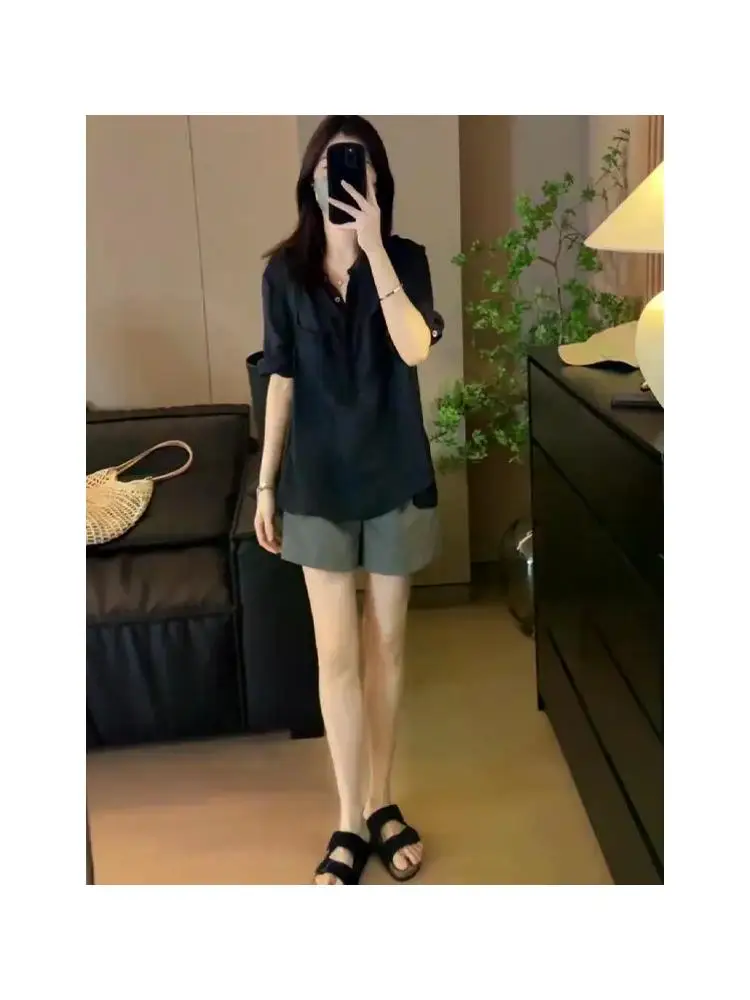 Casual Fashion Summer Shirt Set Short Sleeve Slimming Trendy High Waist Pants High Quality Wear Resistant Comfortable Spring ...