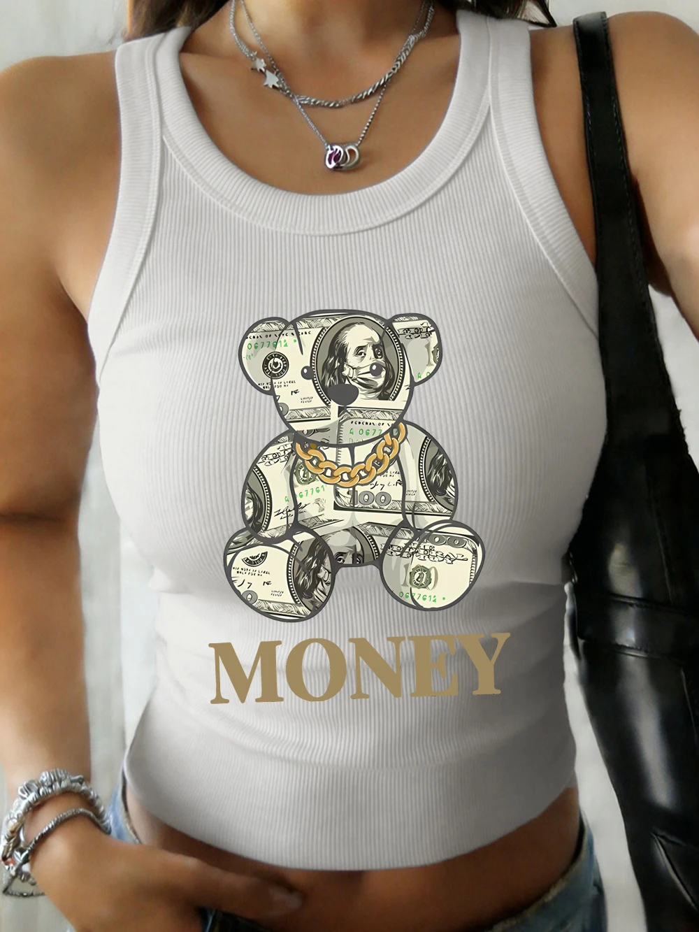 Canotte Casual da Donna con Stampe di Orsetti Cartoon, Slim Fit, Morbide, con Collo Tondo, Senza Maniche, in Cotone Elastico per l'Estate