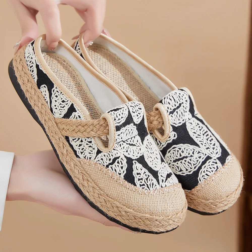 

Cloth Shoes 2024 Summer New Linen Woven One Step Wear resistant and Anti slip Large Sole Half Trailer Casual Shoes Women's Shoes